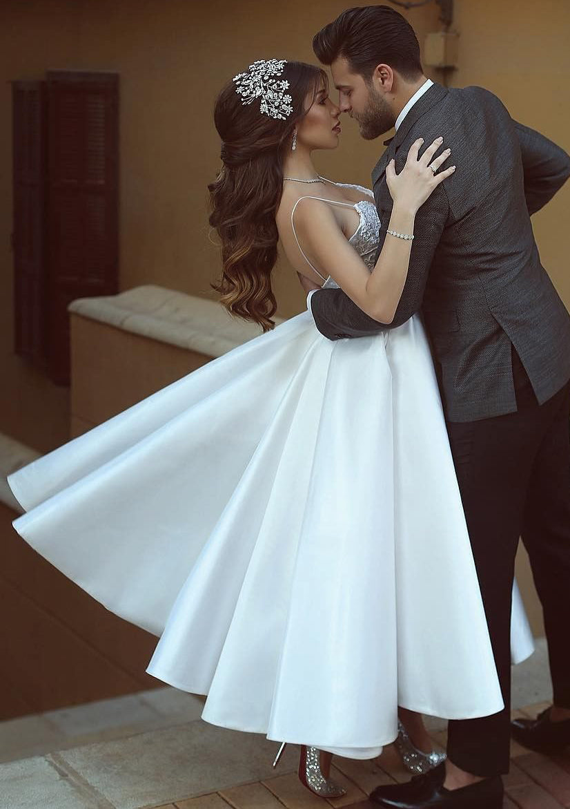 Ball Gown V-Neck Ankle-length Spaghetti Straps Lace Wedding Dress BabaMila