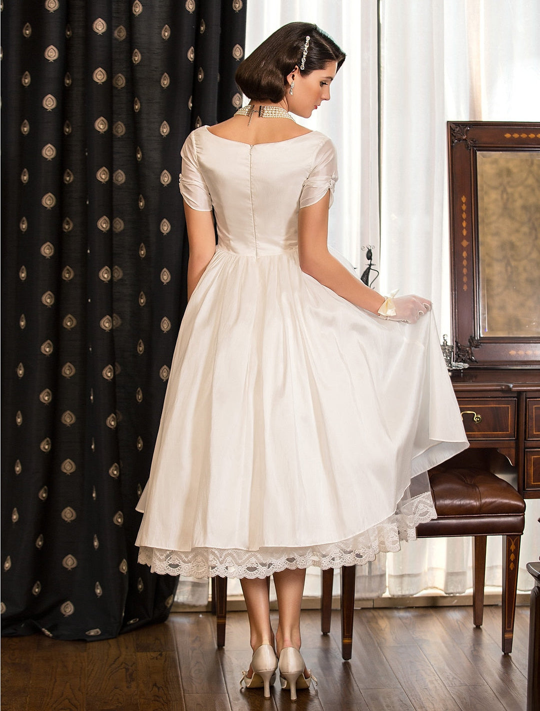Ball Gown V-Neck Silk Satin Short Sleeves Tea-length Lace Ruched Wedding Dress BabaMila