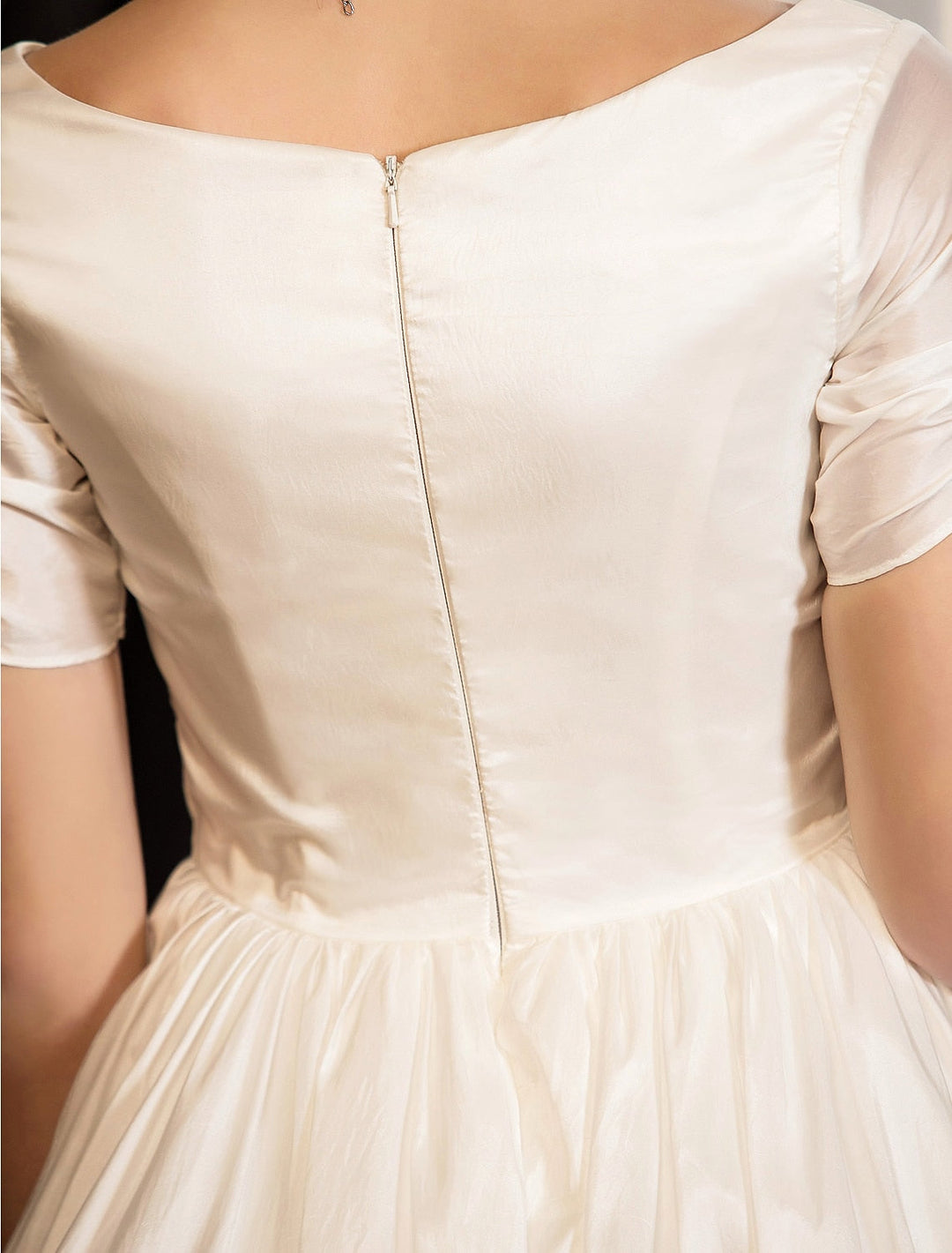 Ball Gown V-Neck Silk Satin Short Sleeves Tea-length Lace Ruched Wedding Dress BabaMila