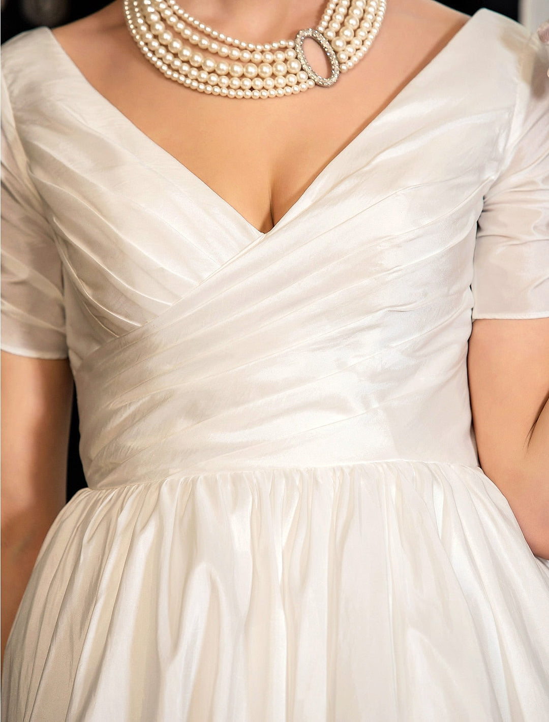 Ball Gown V-Neck Silk Satin Short Sleeves Tea-length Lace Ruched Wedding Dress BabaMila