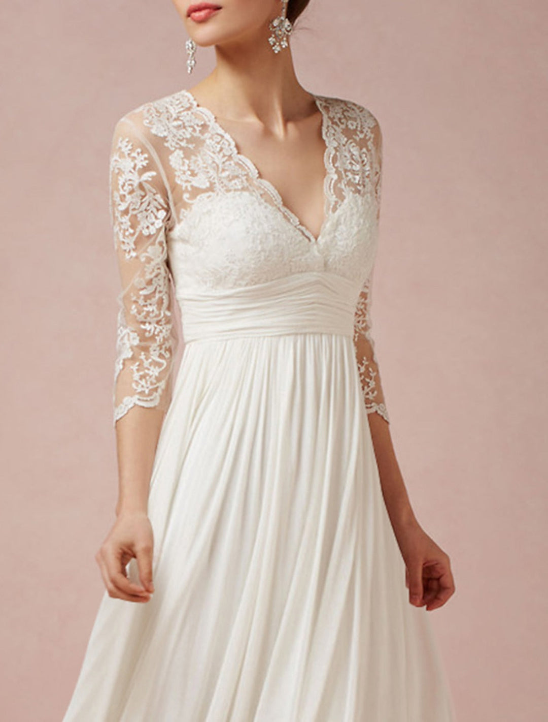 A-Line/Princess V-Neck Tulle Half Sleeve Asymmetrical Lace Applique Wedding Dress BabaMila