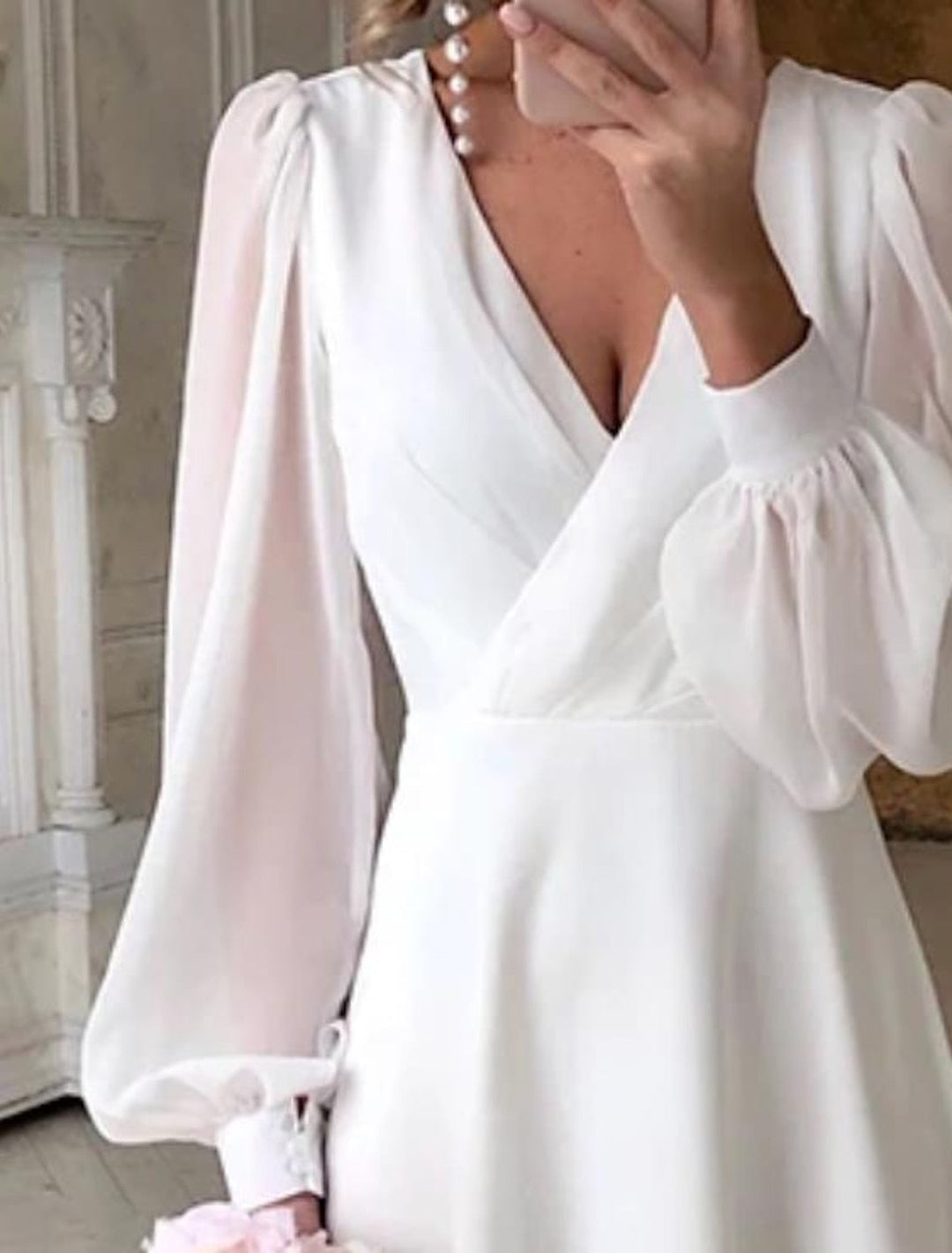 A-Line/Princess Chiffon V-Neck Tea-length Ruched Wedding Dress BabaMila