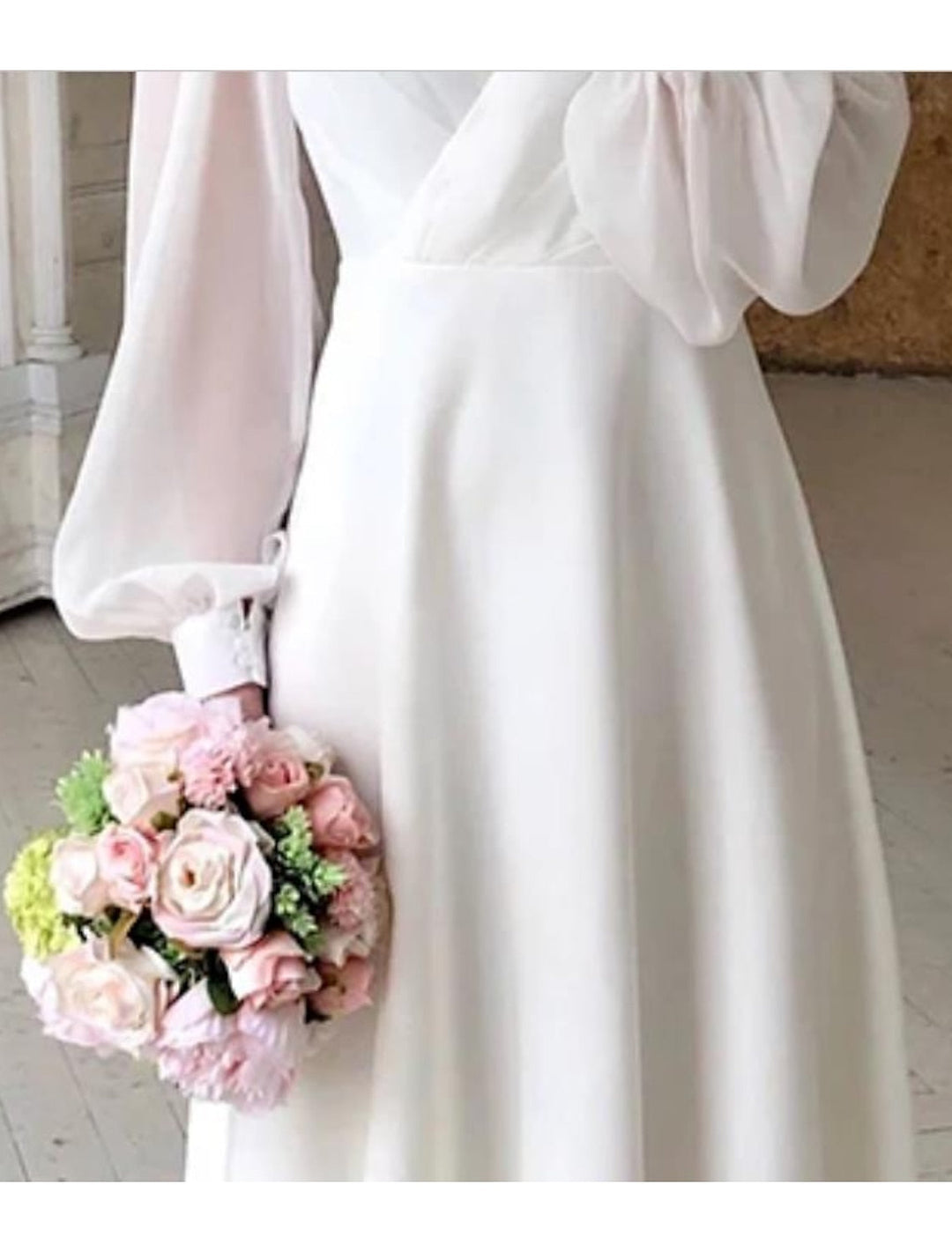 A-Line/Princess Chiffon V-Neck Tea-length Ruched Wedding Dress BabaMila