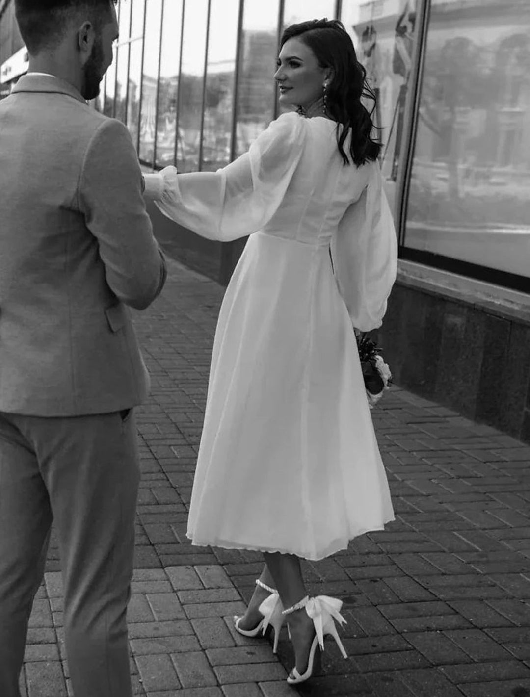 A-Line/Princess Chiffon V-Neck Tea-length Ruched Wedding Dress BabaMila