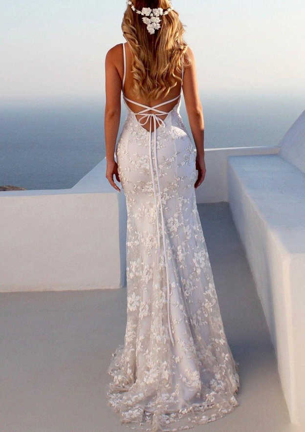 Trumpet/Mermaid Spaghetti Straps V-Neck Floor-length Lace Wedding Dress BabaMila