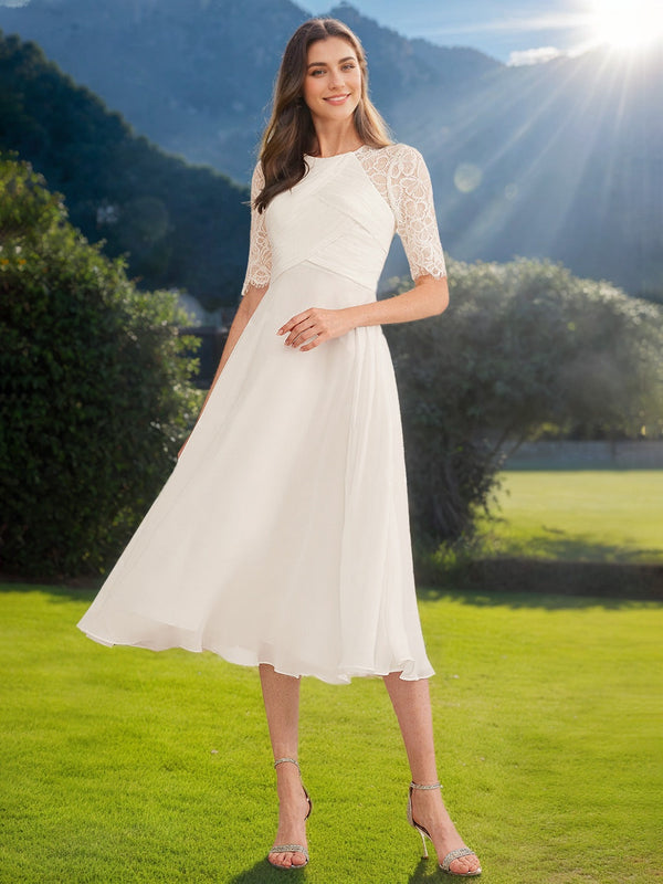 A-Line/Princess Scoop Half Sleeves Knee-length Lace Wedding Dress with Appliques & Ruffles BabaMila