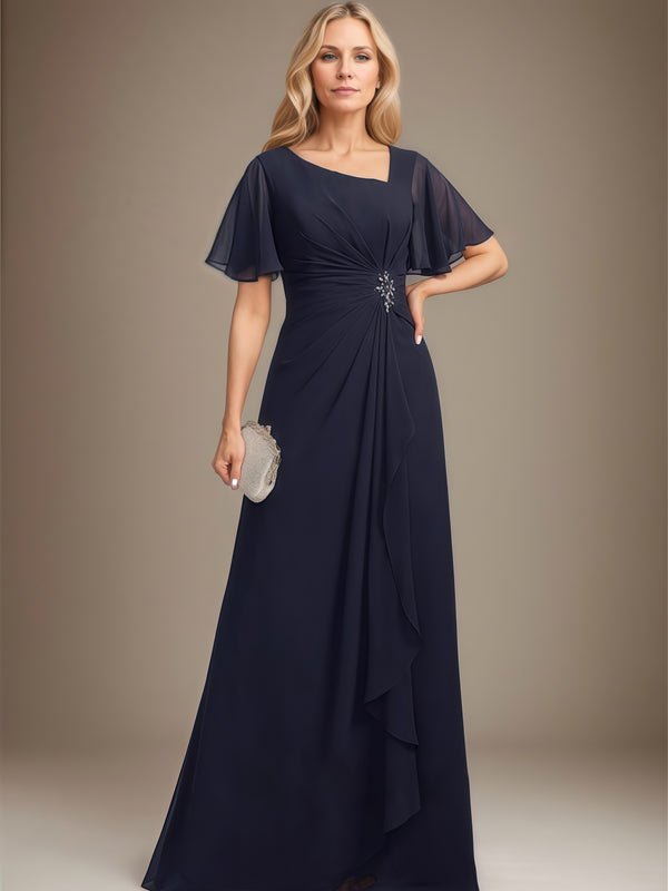 A-Line Asymmetrical Neck Flutter Straps Floor-Length Chiffon Mother of the Bride Dress With Pleated/Beads BabaMila