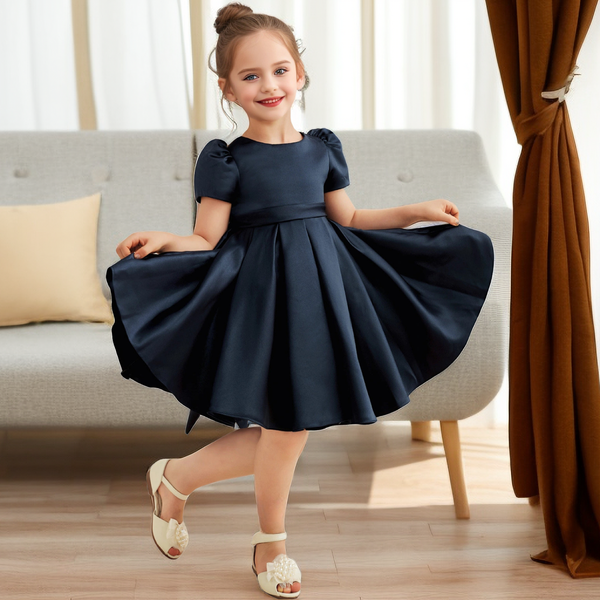 A-line Scoop Neck Short Sleeve Knee-Length Navy Blue Satin Flower Girl Dress with Bow Girls Gidiondress