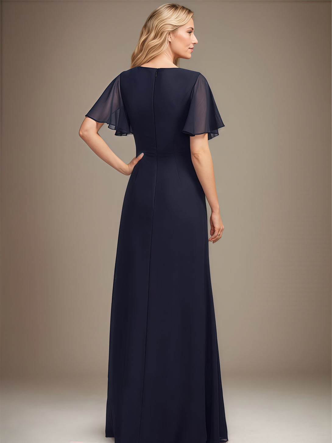 A-Line Asymmetrical Neck Flutter Straps Floor-Length Chiffon Mother of the Bride Dress With Pleated/Beads BabaMila