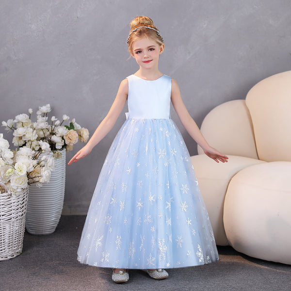 Girls Birthday Dresses Boat Neck Sleeveless Satin/Printed Tulle Floor-Length Party Dresses With Bow Girls Gidiondress