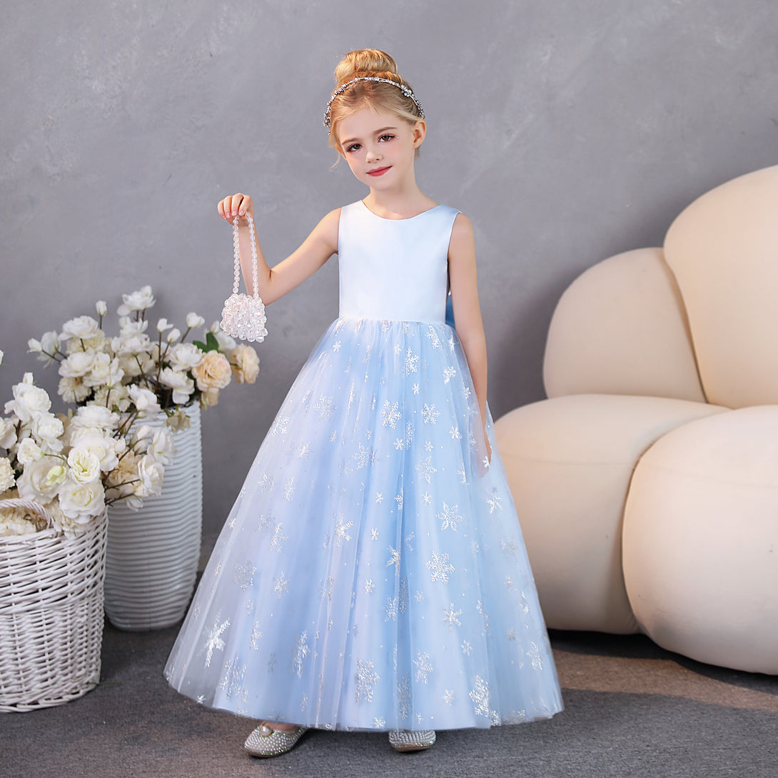 Girls Birthday Dresses Boat Neck Sleeveless Satin/Printed Tulle Floor-Length Party Dresses With Bow Girls Gidiondress as picture 12M