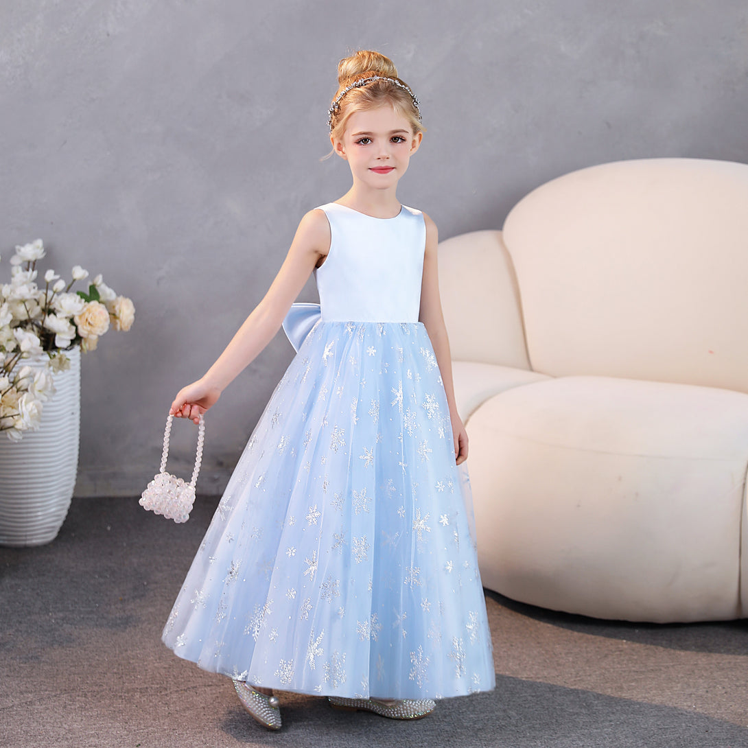 Girls Birthday Dresses Boat Neck Sleeveless Satin/Printed Tulle Floor-Length Party Dresses With Bow Girls Gidiondress