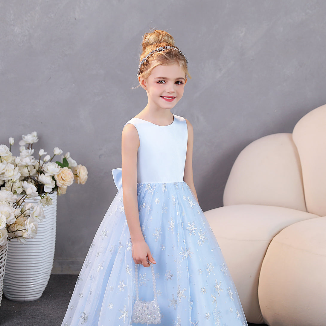 Girls Birthday Dresses Boat Neck Sleeveless Satin/Printed Tulle Floor-Length Party Dresses With Bow Girls Gidiondress
