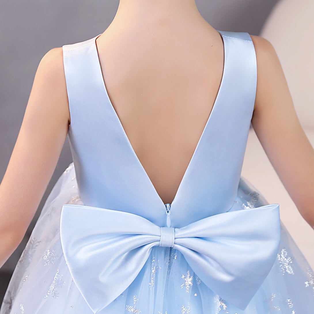 Girls Birthday Dresses Boat Neck Sleeveless Satin/Printed Tulle Floor-Length Party Dresses With Bow Girls Gidiondress