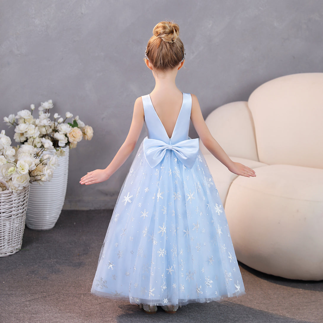 Girls Birthday Dresses Boat Neck Sleeveless Satin/Printed Tulle Floor-Length Party Dresses With Bow Girls Gidiondress