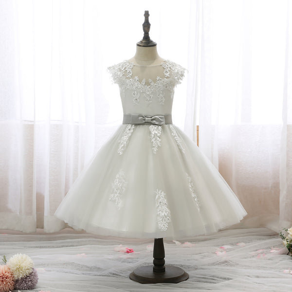 Boat Neck Sleeveless Knee-Length Lace/Satin/Tulle Girls Birthday Dresses With Appliques/Bow Belt Girls Gidiondress