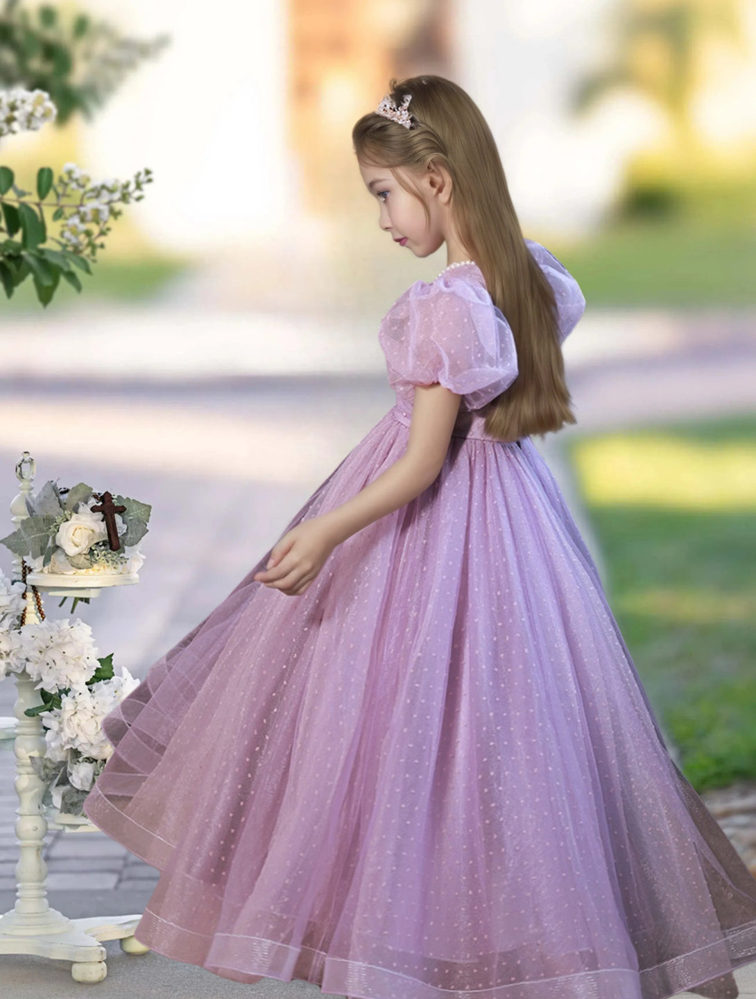 Princesss/Ball Gown Short Sleeve Square Neck Floor-Length Satin/Polka Dots Tulle Holiday＆Christmas Dresses Girls Gidiondress