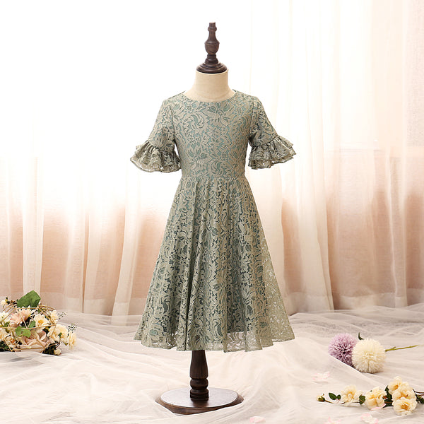 Scoop Neck Short Sleeve Knee-Length Satin/Lace Girls Birthday Dresses With Ruffled Hem Girls Gidiondress