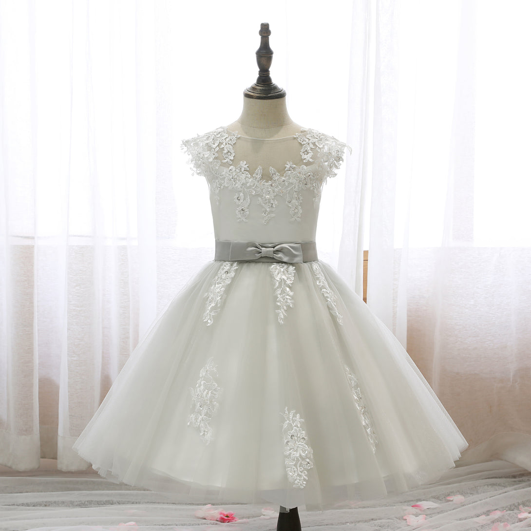 Boat Neck Sleeveless Knee-Length Lace/Satin/Tulle Girls Birthday Dresses With Appliques/Bow Belt Girls Gidiondress