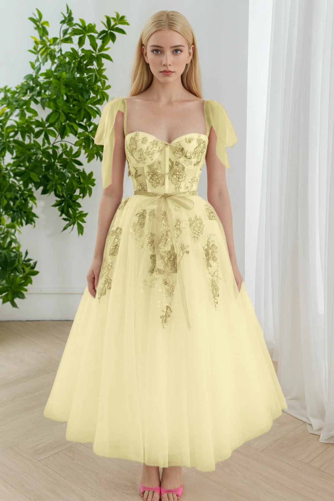 Floral Embroidered Prom Dress Tulle Midi Dress with Pink Ribbon Straps Floral Applique Tulle Gown Evening Party Dress BabaMila