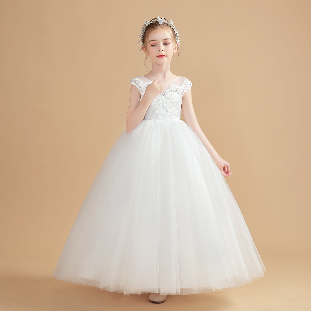 Princess Sleeveless Scoop Neck Floor-Length Tulle/Lace Flower Girl Dresses/First Communion Dress With Appliques/Bow Girls Gidiondress