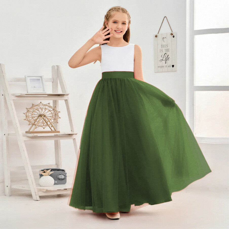 A-Line Scoop Neck Sleeveless Floor-Length Tulle/Satin Flower Girl Dresses/Girls Birthday Dresses With Bow Girls Gidiondress