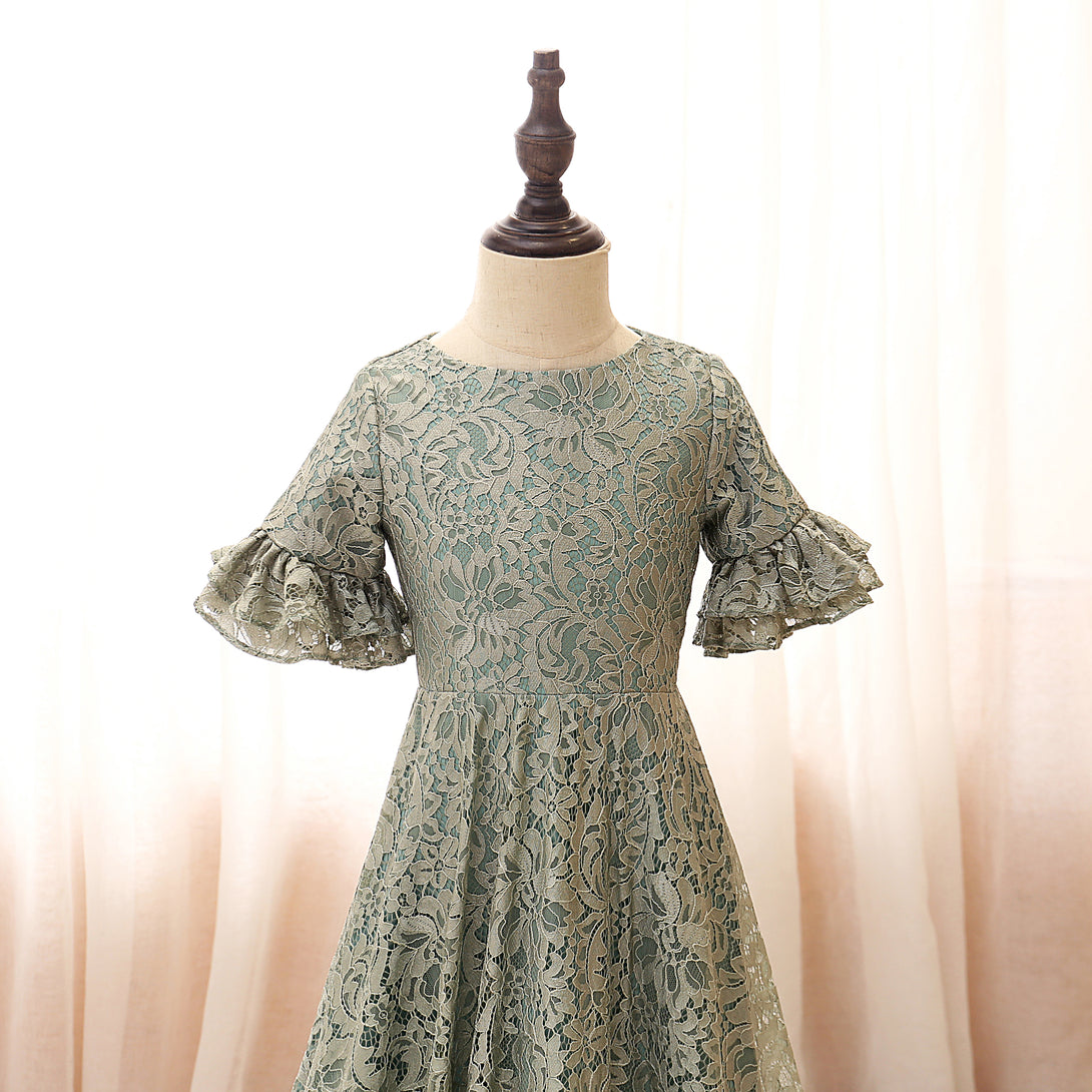 Scoop Neck Short Sleeve Knee-Length Satin/Lace Girls Birthday Dresses With Ruffled Hem Girls Gidiondress