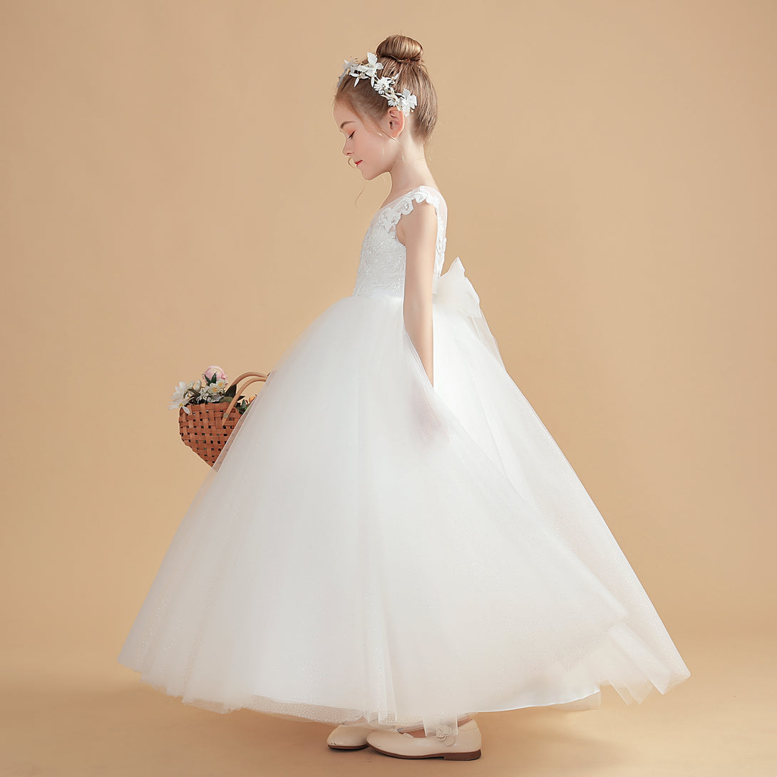 Princess Sleeveless Scoop Neck Floor-Length Tulle/Lace Flower Girl Dresses/First Communion Dress With Appliques/Bow Girls Gidiondress