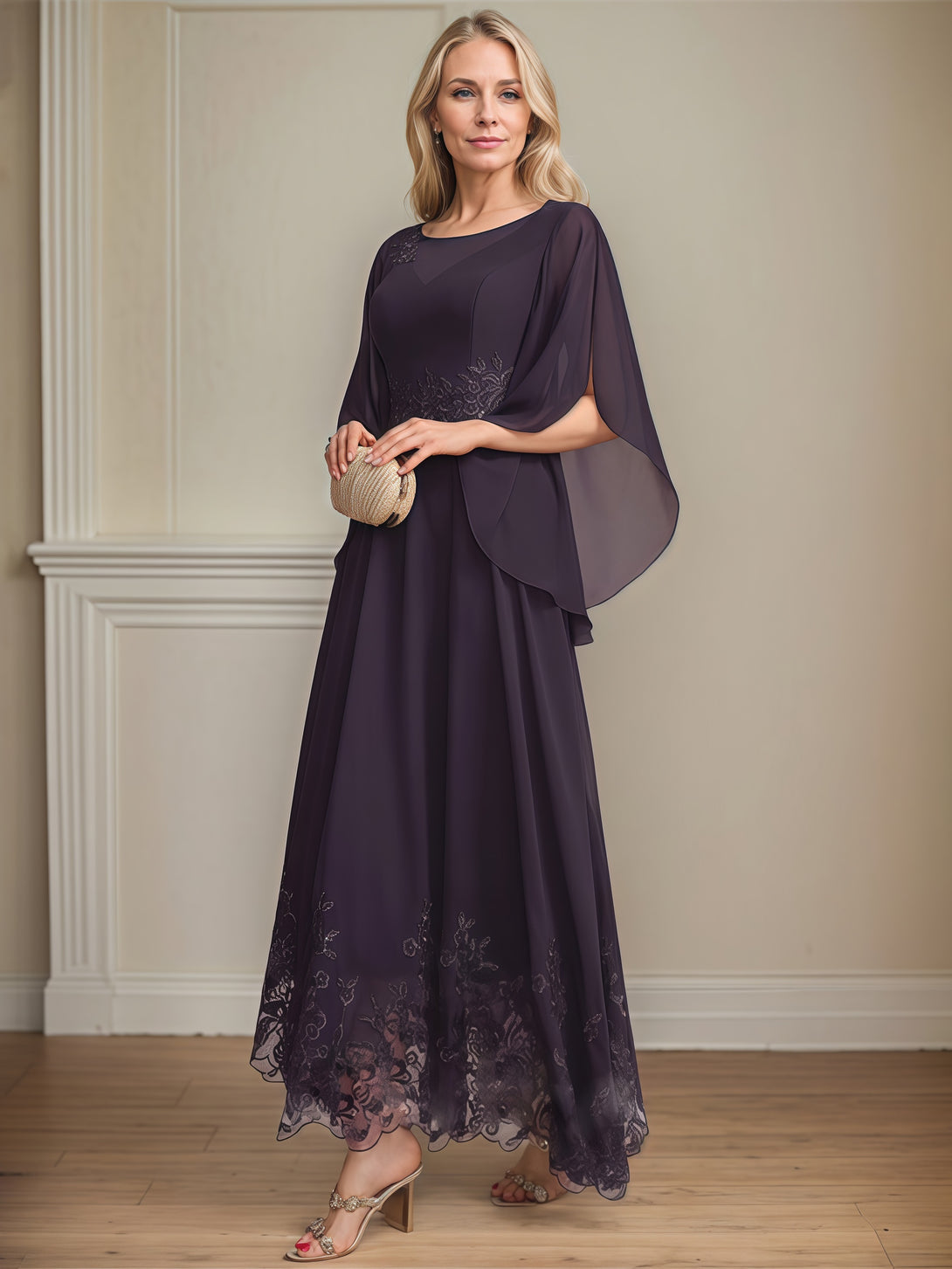 A-Line Scoop Neck Flutter Straps Ankel-Length Chiffon/Lace Mother of the Bride Dress With Appliques BabaMila