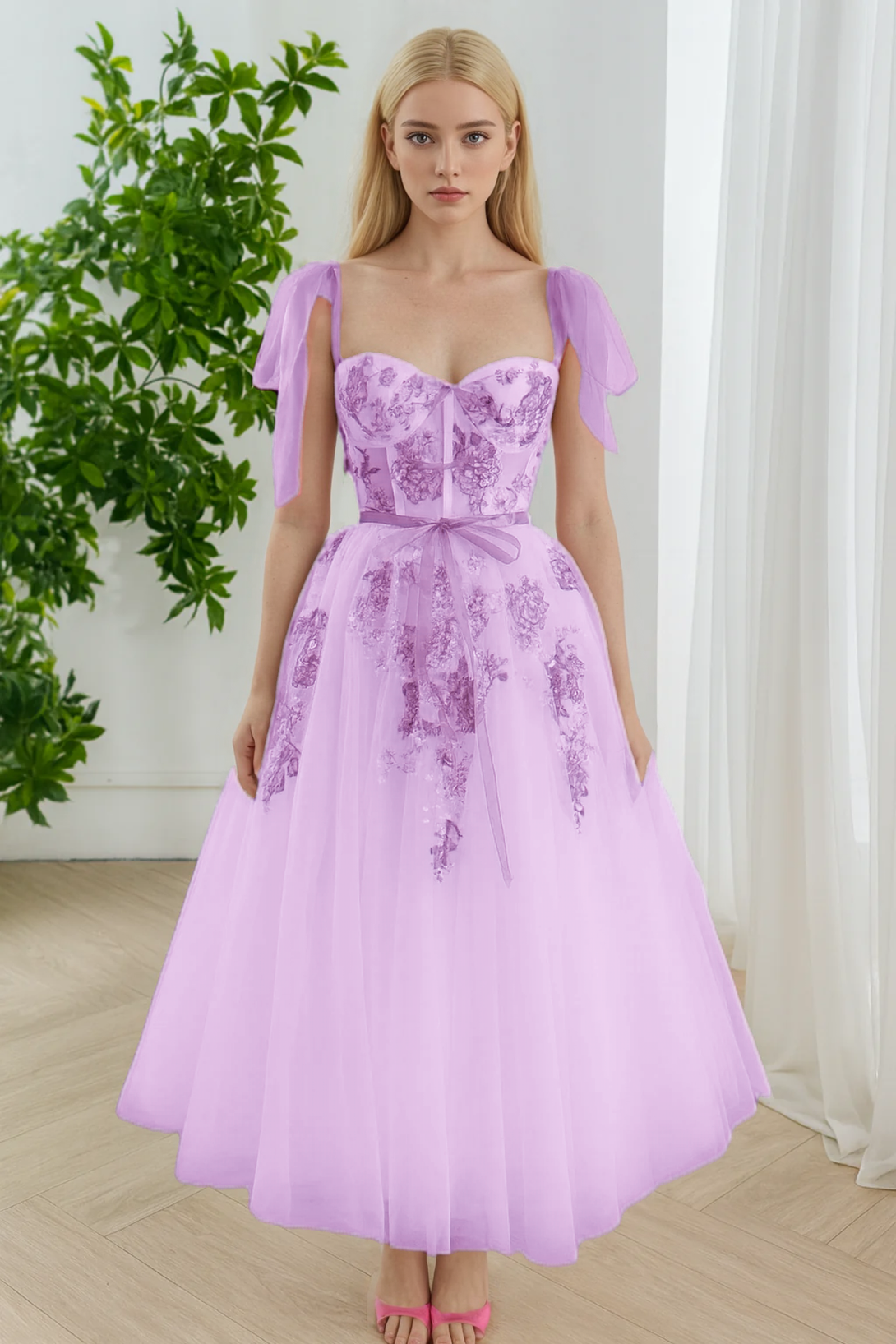 Floral Embroidered Prom Dress Tulle Midi Dress with Pink Ribbon Straps Floral Applique Tulle Gown Evening Party Dress BabaMila