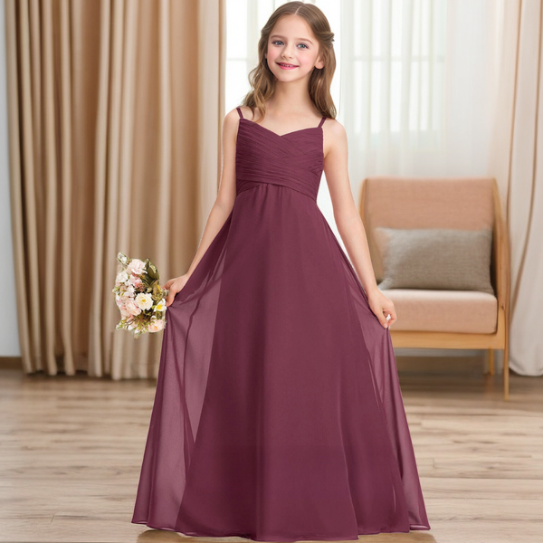 Simple V-Neck Spaghetti Straps Floor-Length Chiffon Junior Bridesmaid Dresses/Girls Birthday Dresses With Pleated Girls Gidiondress