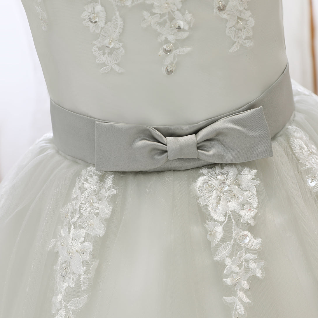 Boat Neck Sleeveless Knee-Length Lace/Satin/Tulle Girls Birthday Dresses With Appliques/Bow Belt Girls Gidiondress