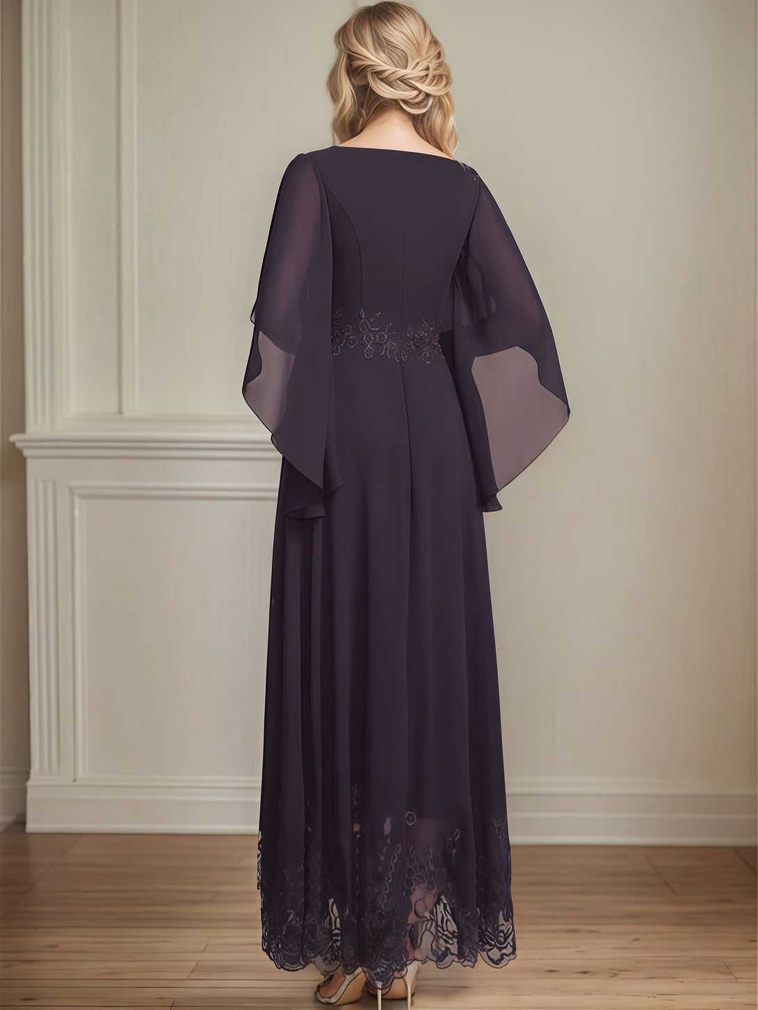 A-Line Scoop Neck Flutter Straps Ankel-Length Chiffon/Lace Mother of the Bride Dress With Appliques BabaMila