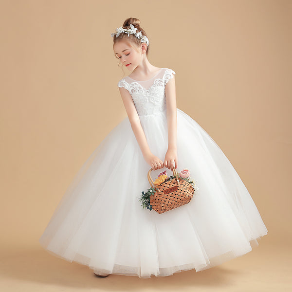 Princess Sleeveless Scoop Neck Floor-Length Tulle/Lace Flower Girl Dresses/First Communion Dress With Appliques/Bow Girls Gidiondress