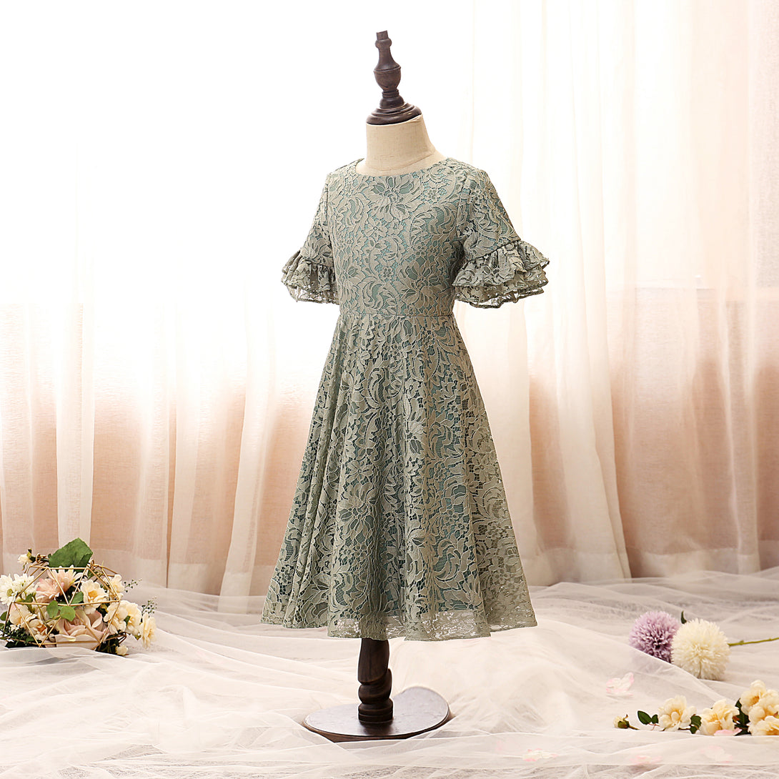 Scoop Neck Short Sleeve Knee-Length Satin/Lace Girls Birthday Dresses With Ruffled Hem Girls Gidiondress