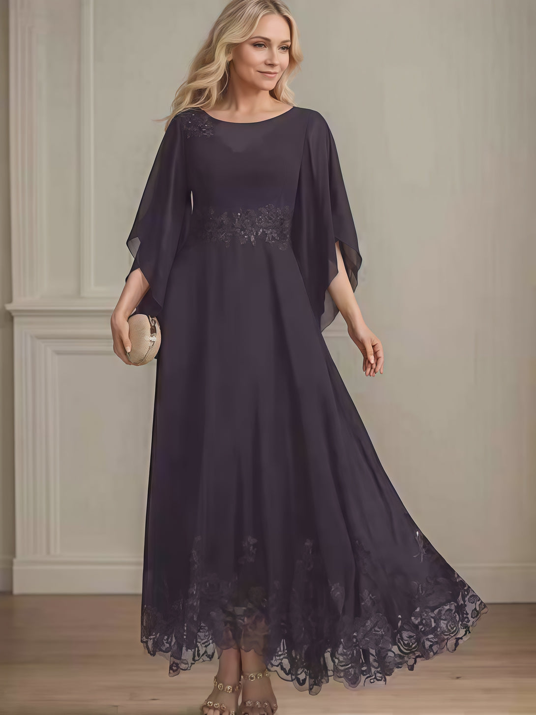 A-Line Scoop Neck Flutter Straps Ankel-Length Chiffon/Lace Mother of the Bride Dress With Appliques BabaMila