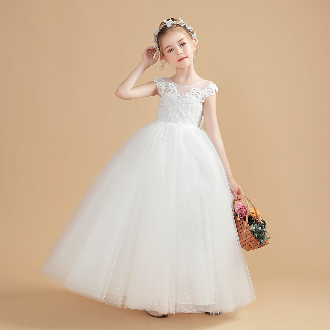 Princess Sleeveless Scoop Neck Floor-Length Tulle/Lace Flower Girl Dresses/First Communion Dress With Appliques/Bow Girls Gidiondress