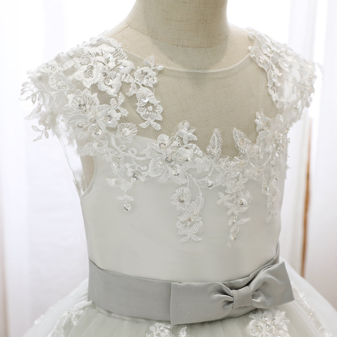 Boat Neck Sleeveless Knee-Length Lace/Satin/Tulle Girls Birthday Dresses With Appliques/Bow Belt Girls Gidiondress