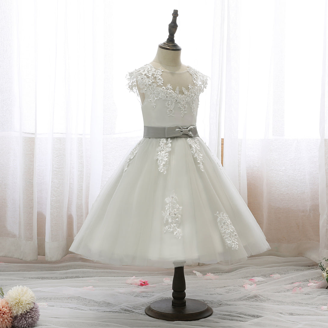 Boat Neck Sleeveless Knee-Length Lace/Satin/Tulle Girls Birthday Dresses With Appliques/Bow Belt Girls Gidiondress