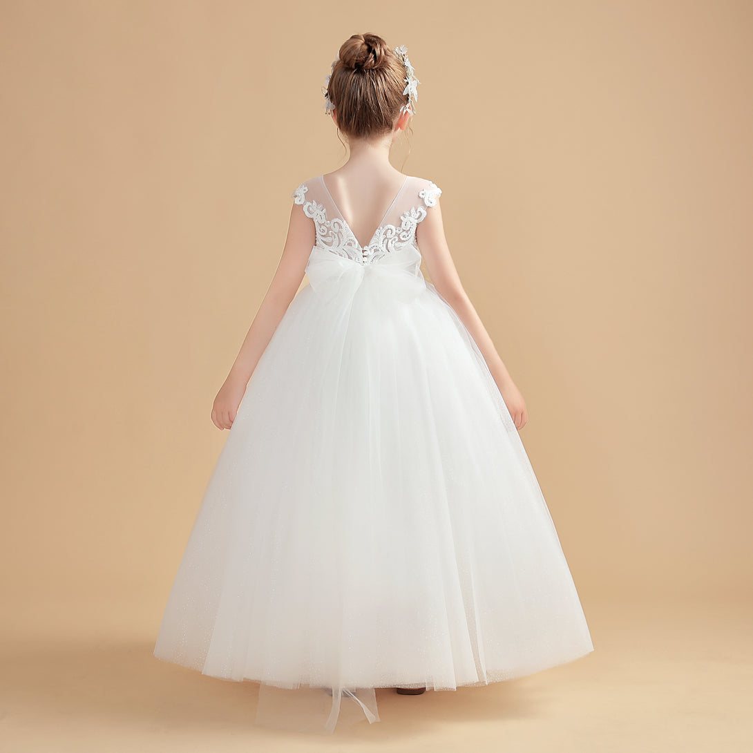 Princess Sleeveless Scoop Neck Floor-Length Tulle/Lace Flower Girl Dresses/First Communion Dress With Appliques/Bow Girls Gidiondress