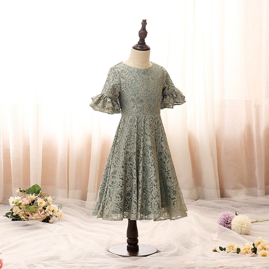 Scoop Neck Short Sleeve Knee-Length Satin/Lace Girls Birthday Dresses With Ruffled Hem Girls Gidiondress