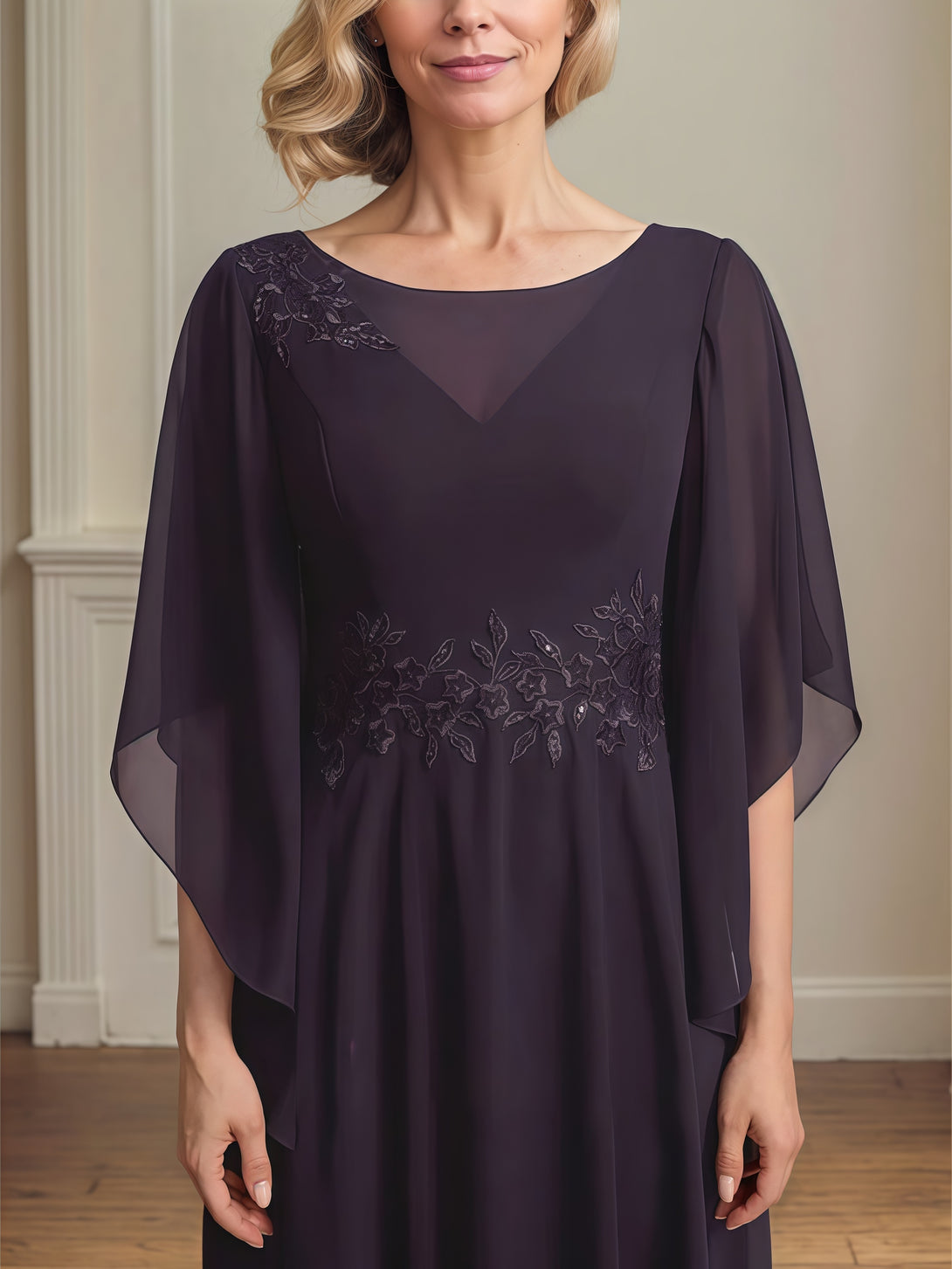 A-Line Scoop Neck Flutter Straps Ankel-Length Chiffon/Lace Mother of the Bride Dress With Appliques BabaMila