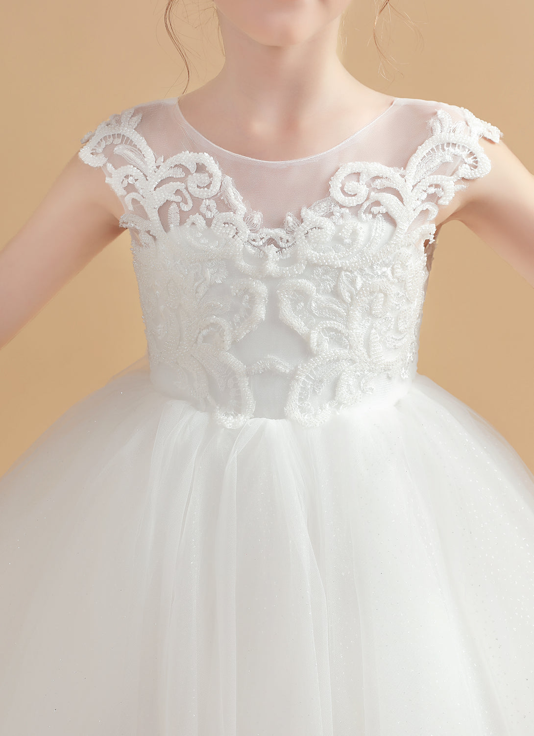 Princess Sleeveless Scoop Neck Floor-Length Tulle/Lace Flower Girl Dresses/First Communion Dress With Appliques/Bow Girls Gidiondress