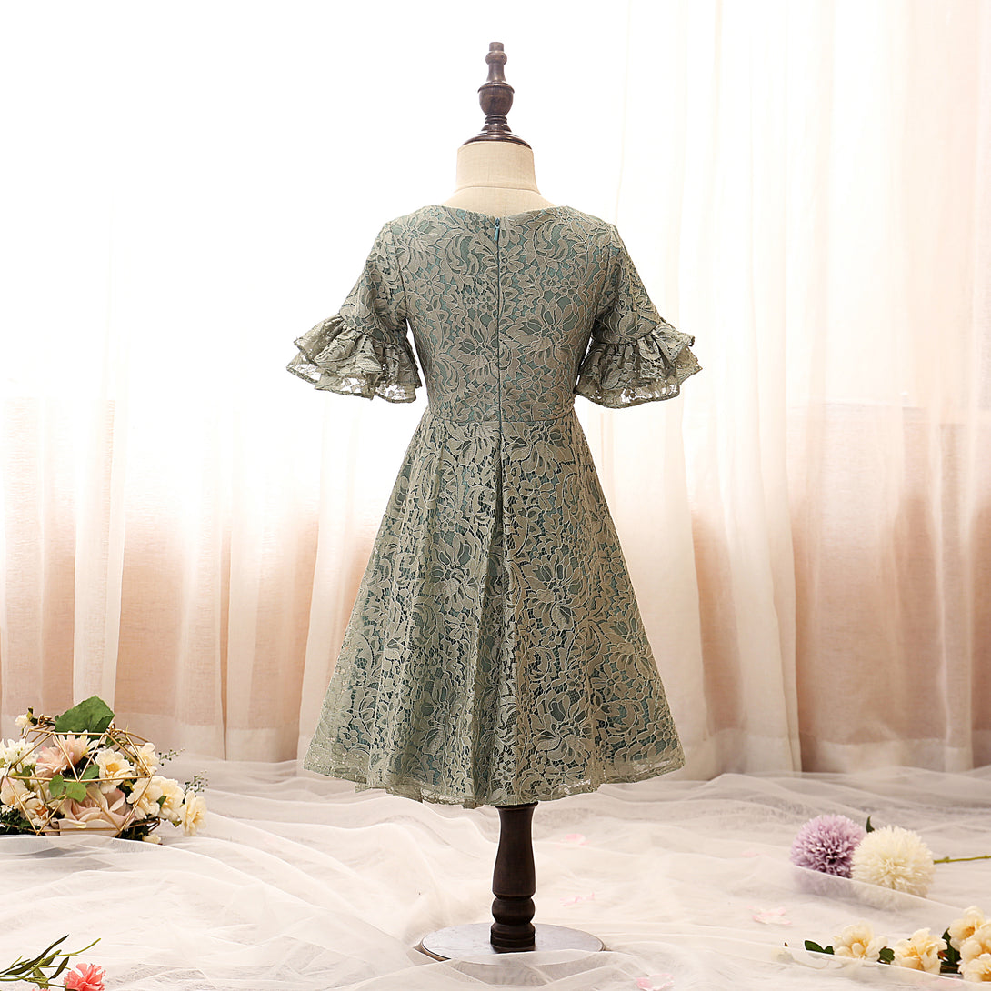 Scoop Neck Short Sleeve Knee-Length Satin/Lace Girls Birthday Dresses With Ruffled Hem Girls Gidiondress