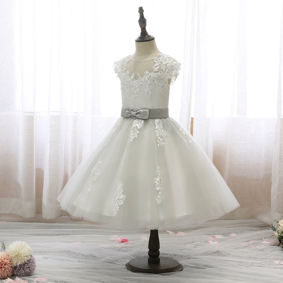 Boat Neck Sleeveless Knee-Length Lace/Satin/Tulle Girls Birthday Dresses With Appliques/Bow Belt Girls Gidiondress