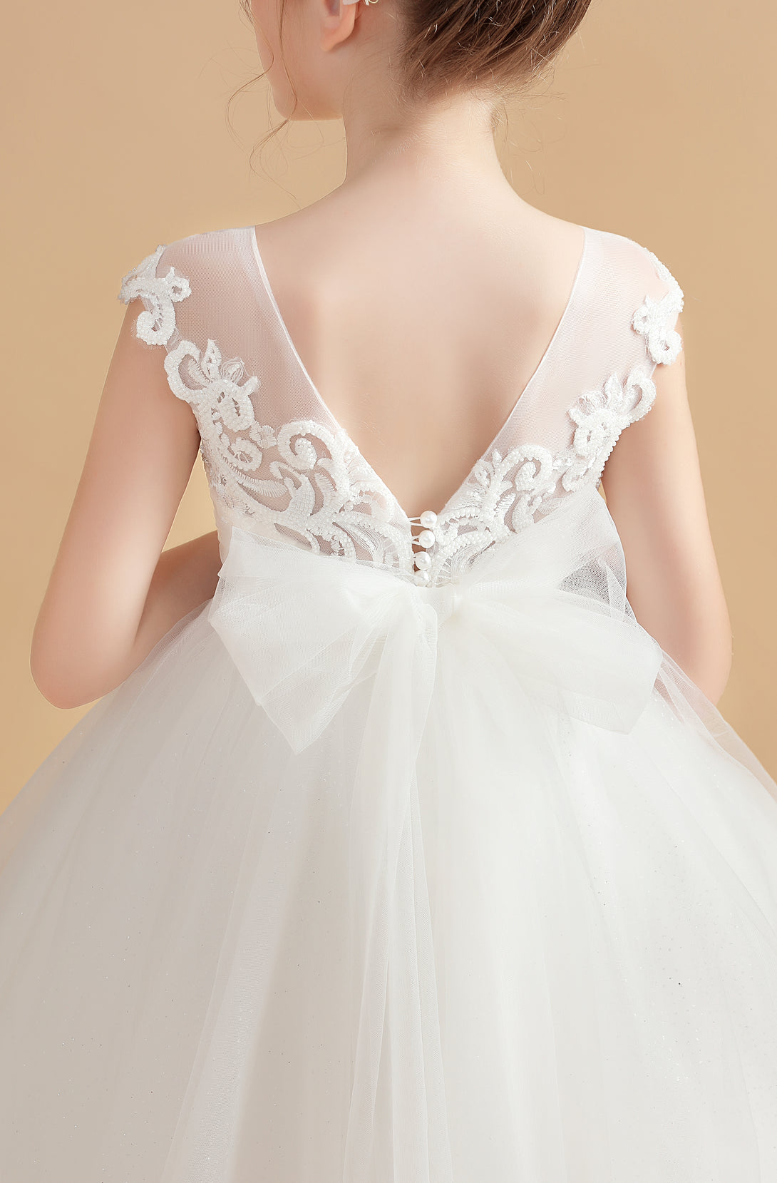 Princess Sleeveless Scoop Neck Floor-Length Tulle/Lace Flower Girl Dresses/First Communion Dress With Appliques/Bow Girls Gidiondress