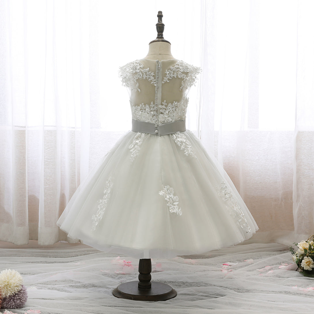 Boat Neck Sleeveless Knee-Length Lace/Satin/Tulle Girls Birthday Dresses With Appliques/Bow Belt Girls Gidiondress