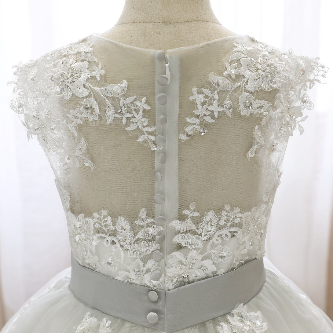 Boat Neck Sleeveless Knee-Length Lace/Satin/Tulle Girls Birthday Dresses With Appliques/Bow Belt Girls Gidiondress