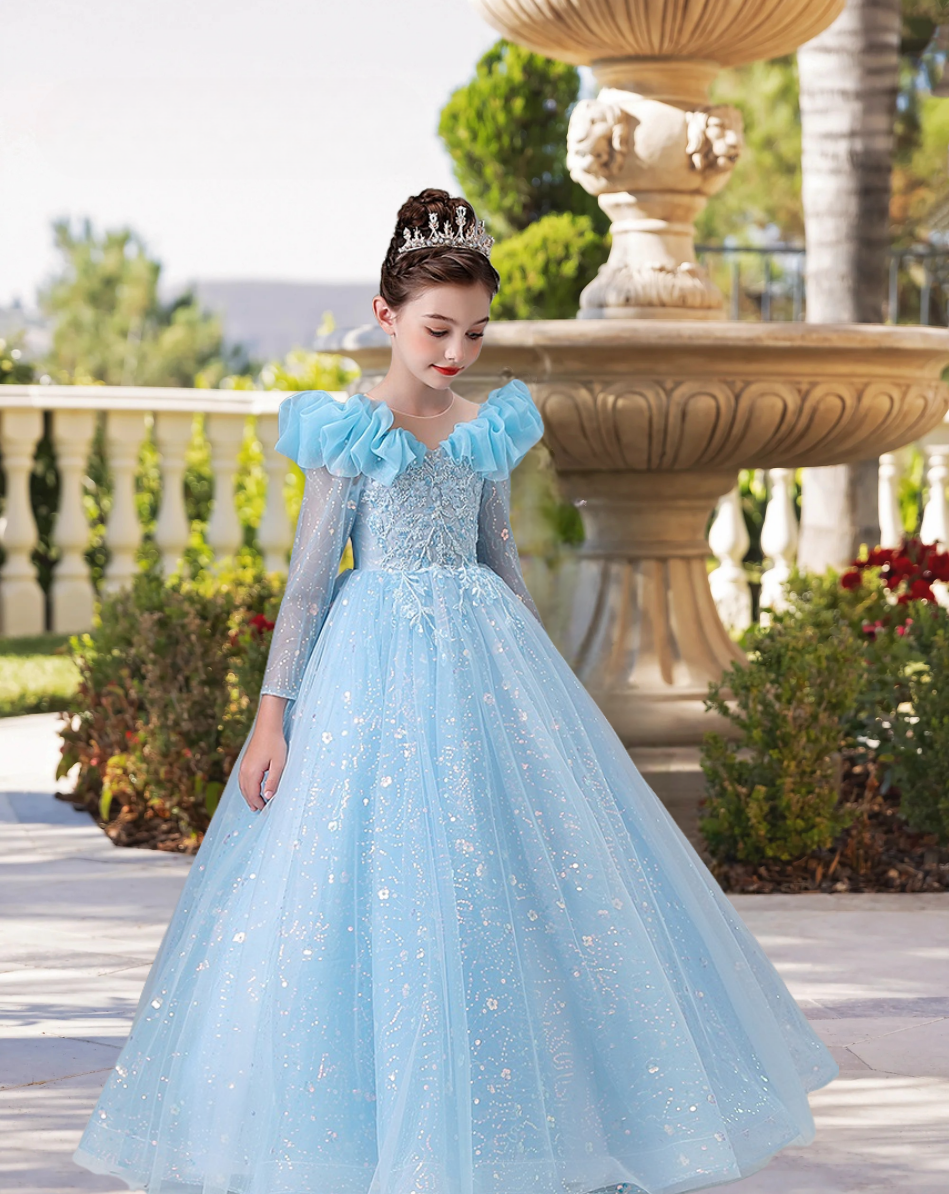Scoop Neck Long Sleeve Floor-Length Lace/Tulle/Sequins Ball Gown/Princess With Appliques Girls Gidiondress