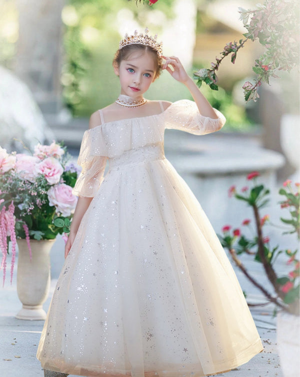 Princesss/Ball Gown Cold Shoulder Half Sleeve Floor-Length Satin/Tulle/Lace Holiday＆Christmas Dresses With Pleated/Satin Belt Girls Gidiondress